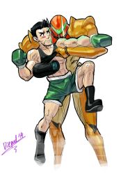 Rule 34 | 1boy, 1girl, arm cannon, armor, bad id, bad tumblr id, blush, boxing gloves, bulge, clothes lift, diepod, erection, erection under clothes, femdom, height difference, helmet, little mac, metroid, nintendo, punch-out!!, revision, samus aran, shirt lift, shorts, super smash bros., undressing, varia suit, weapon
