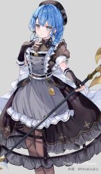 Rule 34 | apron, bardiche (weapon), black dress, blue eyes, blue hair, collared dress, dress, fingerless gloves, gloves, grey apron, hair ornament, hairclip, halberd, highres, hinakisara, hololive, hoshimachi suisei, hoshimachi suisei (maid), looking at viewer, maid, official alternate costume, official alternate hair length, official alternate hairstyle, pocket watch, polearm, see-through, see-through sleeves, side ponytail, skirt cutout, small stellated dodecahedron, solo, star (symbol), star in eye, symbol in eye, thighhighs, virtual youtuber, watch, weapon