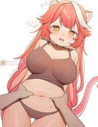 ! !! 1girl anger_vein animal_ears artist_name bare_shoulders belly belly_grab black_camisole black_panties blush breasts camisole collarbone fang highres hololive hololive_english large_breasts long_hair looking_at_viewer multicolored_hair navel open_mouth panther_ears panther_girl panther_tail panties patreon_logo patreon_username pink_hair plump raora_panthera simple_background skin_fang solo_focus spoken_blush stomach streaked_hair sweat szuukie tail thighs two-tone_hair underwear virtual_youtuber white_background yellow_eyes