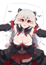 1girl bat_(animal) black_bow black_collar black_dress black_pantyhose black_thighhighs bow breasts cleavage collar commentary cowboy_shot dress fang hair_bow high-low_dress highres honkai_(series) honkai_impact_3rd large_breasts long_hair looking_at_viewer marin_liekuriva navel open_mouth pantyhose red_eyes red_skirt simple_background single_leg_pantyhose single_thighhigh skirt smile solo theresa_apocalypse theresa_apocalypse_(luna_kindred) theresa_apocalypse_(lunar_vow:_crimson_love) thighhighs thighs very_long_hair white_background white_hair