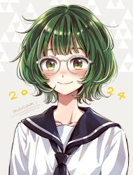 Rule 34 | 1girl, 2024, artist name, black neckerchief, black sailor collar, blush, closed mouth, commentary request, dated, glasses, green eyes, green hair, grey background, happy, looking at viewer, neckerchief, original, sailor collar, school uniform, serafuku, shirt, short hair, signature, smile, solo, straight-on, sugano manami, triangle background, upper body, white-framed eyewear, white shirt