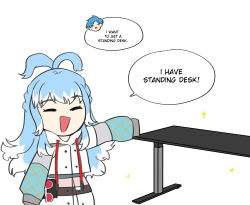 Rule 34 | 1boy, 1girl, absurdres, blue hair, commentary, desk, english commentary, english text, highres, hololive, hololive indonesia, holostars, holostars english, jacket, kobo kanaeru, long hair, long sleeves, multicolored hair, open mouth, regis altare, sleeves past wrists, two-tone hair, virtual youtuber, white hair, zikryzero