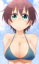 Rule 34 | 1girl, arms at sides, bikini, blue bikini, blue sky, blush, breasts, brown hair, cleavage, closed mouth, cloud, collarbone, commentary request, covered erect nipples, day, doria (p f dolia), female focus, green eyes, large breasts, looking at viewer, new game!, revision, shinoda hajime, short hair, sky, solo, sweat, swimsuit, upper body