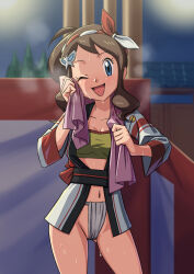 Rule 34 | 1girl, :d, absurdres, bandeau, blue eyes, blush, bow, breasts, brown hair, cleavage, collarbone, commentary request, cowboy shot, creatures (company), eyelashes, fundoshi, game freak, hairband, highres, hilda (pokemon), hilda (summer 2022) (pokemon), holding, holding towel, jacket, japanese clothes, looking at viewer, medium breasts, miraa (chikurin), navel, night, nintendo, official alternate costume, open clothes, open jacket, open mouth, outdoors, pokemon, pokemon masters ex, sash, sidelocks, small breasts, smile, solo, steaming body, sweat, tongue, towel, towel around neck