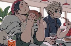 Rule 34 | 2boys, armor, bacon, bandana, black hair, blonde hair, blue eyes, blue shirt, blush, burger, cloud strife, diner, eating, closed eyes, final fantasy, final fantasy vii, final fantasy vii remake, food, food on face, french fries, full mouth, glass, hair between eyes, highres, holding, holding food, ice, ice cube, indoors, lamp, lettuce, multiple boys, oimo (oimkimn), plant, plate, red bandana, sesame seeds, shirt, short hair, shoulder armor, sitting, sleeveless, sleeveless turtleneck, sleeves rolled up, soda, spiked hair, square enix, suspenders, turtleneck, wedge (ff7), white shirt, window