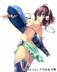 Rule 34 | 1girl, bikini, bikini top only, blue eyes, breast press, breasts, bridal gauntlets, brown hair, copyright name, elbow gloves, foreshortening, gloves, headphones, highres, keypot, looking at viewer, md5 mismatch, mecha shoujo taisen z, official art, open mouth, short hair, simple background, solo, swimsuit, tattoo, thighhighs, torpedo, watermark, white background