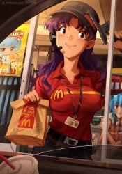 Rule 34 | 2girls, ayanami rei, bag, belt, black belt, black headwear, blue hair, bolt action, breasts, brown eyes, burger, chris-chan, commentary, drink, drive-thru, english commentary, english text, finger on trigger, food, french fries, gun, handgun, hat, headset, highres, holding, holding bag, holding food, holding gun, holding weapon, ice cream, katsuragi misato, khyle., looking at viewer, mauser c96, mcdonald&#039;s, meme, multiple girls, neon genesis evangelion, plugsuit, purple hair, red eyes, rei chikita, rifle, smile, sonichu, tongue, tongue out, weapon, when you see it