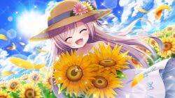 Rule 34 | 1girl, alternate hairstyle, bare shoulders, bee, blue bow, blue ribbon, blue sky, bow, bug, closed eyes, cloud, cloudy sky, collarbone, day, dot nose, dress, dutch angle, fang, field, film grain, flower, flower field, game cg, happy, hat, hat bow, hat flower, hat ribbon, holding, holding flower, insect, izumi tsubasu, lens flare, long hair, misaki sango, non-circular lens flare, non-web source, off-shoulder dress, off shoulder, official art, open mouth, outdoors, petals, purple flower, purple hair, re:stage!, ribbon, sky, smile, solo, sparkle, straw hat, sun, sunflower, sunflower field, white bow, white dress, yellow flower