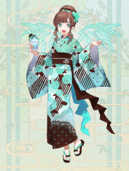 Rule 34 | 1girl, :d, ame tyaya, aqua bow, aqua eyes, aqua kimono, aqua nails, bow, brown hair, chain paradox, energy wings, flower, food, full body, hair flower, hair ornament, hair up, highres, holding, holding food, holding spoon, japanese clothes, kimono, looking at viewer, mitoma mao, obi, open mouth, sandals, sash, shaved ice, sidelocks, smile, spoon, standing, wide sleeves, wings, zouri
