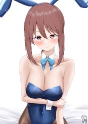 Rule 34 | 1girl, animal ears, blue leotard, blush, bow, bowtie, breasts, brown eyes, brown hair, brown pantyhose, cleavage, covered navel, detached collar, fake animal ears, highres, idolmaster, idolmaster cinderella girls, large breasts, leotard, long hair, looking at viewer, mifune miyu, motodouryou, on bed, pantyhose, playboy bunny, ponytail, rabbit ears, strapless, strapless leotard, wrist cuffs