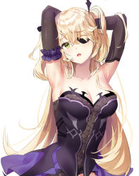 Rule 34 | 1girl, :o, armpits, arms up, bare shoulders, black dress, blonde hair, blush, bow, breasts, cleavage, collarbone, commentary request, cowboy shot, detached sleeves, dress, elbow gloves, eyepatch, fischl (genshin impact), genshin impact, gloves, green eyes, hair ornament, hair over one eye, hair ribbon, hands in hair, head tilt, highres, kian, long hair, looking at viewer, medium breasts, navel, open mouth, ribbon, simple background, solo, strapless, strapless dress, two side up, upper body, very long hair, white background