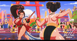 Rule 34 | 2girls, ass, backboob, bracelet, breasts, brown eyes, brown hair, capcom, chinese clothes, chun-li, cleavage, crossover, danhilo, double bun, dress, fighting stance, hair bun, huge ass, jewelry, large breasts, matching hair/eyes, multiple girls, shiranui mai, snk, spiked bracelet, spikes, street fighter, the king of fighters, thick thighs, thighs
