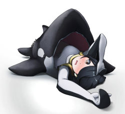 Rule 34 | 10s, 1girl, bad id, bad pixiv id, black hair, blush, brown eyes, commentary, dated, emperor penguin (kemono friends), frankseven, hair over one eye, kemono friends, leotard, long hair, looking at viewer, lying, on back, open mouth, orca, simple background, sleeping bag, solo, white background, white leotard
