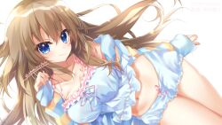 Rule 34 | 1girl, 9-nine-, amatsuji, aqua camisole, aqua shorts, arm at side, belly, blue eyes, blush, breasts, brown hair, camisole, cleavage, collarbone, commission, dot nose, eyelashes, fingernails, frilled camisole, frilled shorts, frills, fringe trim, hair between eyes, highres, kujou miyako, large breasts, lips, long hair, looking at viewer, loungewear, lying, multicolored sleeves, navel, on side, pink ribbon, raised eyebrows, ribbon, shorts, sidelocks, simple background, skeb commission, sleeves past wrists, smile, solo, thighs, underwear, very long hair, wavy hair, white background