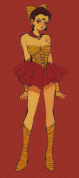 Rule 34 | 1girl, bare shoulders, bishoujo senshi sailor moon, black moon clan, boots, bow, bracer, breasts, brown hair, calaveras (sailor moon), commentary request, crescent, crescent facial mark, crystal earrings, earrings, facial mark, film grain, full body, hair bow, jewelry, looking at viewer, necklace, pikurusu, short hair, skirt, solo, very short hair
