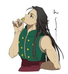 Rule 34 | 1boy, arm behind back, bare shoulders, black hair, closed mouth, collared vest, expressionless, from side, green vest, hand on own chin, head tilt, holding, holding weapon, hunter x hunter, illumi zoldyck, long hair, looking up, male focus, mojisan (ebimo), simple background, solo, upper body, vest, weapon