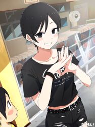 Rule 34 | 1boy, 1girl, absurdres, belt, belt buckle, black belt, black hair, black shirt, black shorts, breasts, buckle, clothes writing, collarbone, denim, denim shorts, earrings, grey eyes, grin, highres, jewelry, looking at viewer, misaki nonaka, natsumon!, parted lips, satoru (natsumon!), shirt, short shorts, short sleeves, shorts, small breasts, smile, solo focus, torn clothes, torn shorts, translation request, yellow shirt