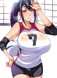 Rule 34 | 1girl, ball, bare shoulders, blue eyes, breasts, hand on own hip, holding, holding ball, large breasts, long hair, looking at viewer, mole, mole under eye, nishida megane, parted lips, ponytail, purple hair, see-through, shin guards, solo, sportswear, sweat, volleyball (object), volleyball net, volleyball uniform