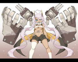 Rule 34 | 1girl, absurdly long hair, ahoge, anchor symbol, arms at sides, asymmetrical legwear, azur lane, bandeau, bare shoulders, black gloves, black shorts, blue eyes, breasts, cannon, collar, covered erect nipples, dark-skinned female, dark skin, eyes visible through hair, facepaint, fingerless gloves, from below, gloves, gradient background, grey background, hair between eyes, hair over one eye, heart, heart ahoge, heterochromia, highres, horns, indianapolis (azur lane), letterboxed, long hair, looking at viewer, mechanical arms, medium breasts, navel, open mouth, rikuhito, short shorts, shorts, single mechanical arm, single thighhigh, solo, standing, thighhighs, thighs, twintails, underboob, uneven legwear, very long hair, vest, white background, white thighhighs
