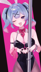 Rule 34 | 1girl, absurdres, animal ears, bare shoulders, black leotard, black pantyhose, black ribbon, blue eyes, blue hair, bow, bowtie, breasts, clothing cutout, cuffs, cutout above navel, detached collar, fake animal ears, hair ornament, hair ribbon, hairband, handcuffs, hatsune miku, heart, heart cutout, heart hair ornament, heart hands, heart in eye, highleg, highleg leotard, highres, large breasts, leotard, multicolored hair, necktie, one eye closed, open mouth, pantyhose, pink background, pink bow, pink bowtie, pink hair, pink necktie, pink ribbon, pink theme, playboy bunny, rabbit ears, rabbit hole (vocaloid), red nails, restrained, ribbon, shichishino, smile, solo, spaghetti strap, symbol in eye, twintails, two-tone hair, upper body, vocaloid, white hairband