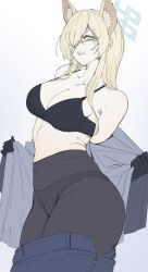 Rule 34 | animal ear fluff, animal ears, bare shoulders, black bra, black gloves, black panties, black pantyhose, blonde hair, blue archive, blue eyes, blue pants, bra, breasts, cleavage, clenched teeth, collarbone, denim, dog ears, dog girl, gloves, hair over one eye, high-waist pantyhose, highres, jeans, kanna (blue archive), large breasts, long hair, looking at viewer, nine (kanine41), panties, panties visible through clothes, pants, pantyhose, removing pants, scowl, teeth, underwear, undressing