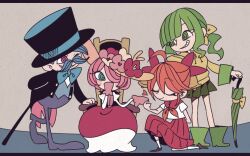 Rule 34 | 1boy, 3girls, arm behind back, arm on another&#039;s head, armchair, baron ham (fake type), bell, bellko (rbb), black coat, black hat, blue bow, blue bowtie, blue eyes, blue hair, blue vest, blunt bangs, boots, bow, bowtie, brown background, bubble skirt, cane, chair, closed eyes, closed mouth, closed umbrella, coat, coattails, covering own mouth, dress, eyelashes, facial hair, fake type, flower, gloves, green eyes, green footwear, green hair, grin, hair bell, hair bow, hair ornament, hair over one eye, hand grab, hand over own mouth, hat, hat flower, heart, highres, holding, holding cane, holding umbrella, hood, hoodie, iwasake-chan (fake type), juliet sleeves, kneehighs, leaning on person, long hair, long skirt, long sleeves, looking at another, multiple girls, mustache, neckerchief, on one knee, one eye closed, one eye covered, open clothes, open coat, orange hair, orange neckerchief, pants, pink eyes, pink gloves, pink hair, planted, planted umbrella, pleated skirt, ponytail, puffy sleeves, purple pants, ketsuko (rbb), rainybluebell, red dress, red flower, red sailor collar, red skirt, ringed eyes, rojiko, rubber boots, sailor collar, school uniform, serafuku, short hair, short sleeves, simple background, sitting, skirt, sleeve cuffs, smile, smirk, socks, standing, tailcoat, top hat, umbrella, uneven eyes, vest, white socks, wide brim, yellow bow, yellow hoodie