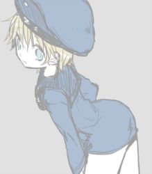 Rule 34 | 10s, 1girl, blonde hair, blue eyes, clothes writing, hat, kantai collection, kobayashi kabura, long sleeves, lowres, neckerchief, open mouth, pale color, sailor collar, sailor hat, short hair, silver background, simple background, solo, z1 leberecht maass (kancolle)