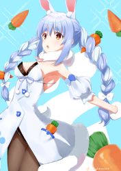 Rule 34 | 1girl, :o, absurdres, animal ear fluff, animal ears, armpits, bad id, bad pixiv id, bare shoulders, black leotard, black pantyhose, blue background, blue hair, braid, breasts, carrot hair ornament, clothing cutout, coat, coat dress, detached sleeves, don-chan (usada pekora), dress, food-themed hair ornament, fur-trimmed coat, fur-trimmed gloves, fur scarf, fur trim, gloves, hair between eyes, hair ornament, highres, hikimayu, hololive, hopping, leotard, leotard under clothes, long hair, looking at viewer, medium breasts, multicolored hair, open mouth, orange eyes, outstretched arms, pantyhose, playboy bunny, puffy short sleeves, puffy sleeves, rabbit-shaped pupils, rabbit ears, rabbit girl, rabbit tail, scarf, short eyebrows, short sleeves, solo, strapless, strapless coat, strapless dress, strapless leotard, symbol-shaped pupils, tail, thick eyebrows, twin braids, twintails, twitter username, two-tone hair, umitorin, underboob cutout, usada pekora, usada pekora (1st costume), virtual youtuber, white coat, white hair, white scarf, white sleeves