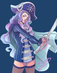 Rule 34 | 1girl, anjeiie, ascot, blue background, commentary, dress, english commentary, hat, holding, holding sword, holding weapon, long hair, long sleeves, looking at viewer, one piece, pirate hat, simple background, smile, solo, striped clothes, striped dress, sword, thighhighs, vertical-striped clothes, vertical-striped dress, wavy hair, weapon, whitey bay