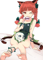 Rule 34 | 1girl, animal ears, apron, bare arms, bare shoulders, barefoot, blunt bangs, bow, braid, breasts, cat ears, cat tail, commentary request, feet, green bow, hair bow, kaenbyou rin, knees together feet apart, ladle, leg ribbon, looking at viewer, medium breasts, naked apron, off shoulder, one eye closed, puuakachan, red eyes, ribbon, short hair with long locks, simple background, skull, smile, soles, solo, tail, tail bow, tail ornament, toes, touhou, twin braids, white background, white bow