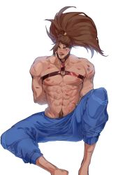 Rule 34 | 1boy, :q, abs, absurdres, bara, bdsm, biceps, blood, blush, bondage, bound, brown hair, bruise, chest harness, cuts, facial hair, harness, highres, injury, league of legends, long hair, looking at viewer, male focus, mature male, muscular, muscular male, navel, navel hair, pants, pectorals, ponytail, punbun 4fun, scar, scar on face, sitting, solo, thick arms, thick eyebrows, tongue, tongue out, topless male, veins, veiny arms, yasuo (league of legends)