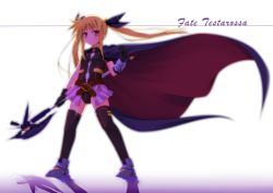 Rule 34 | 1girl, arm strap, armor, asymmetric gloves, asymmetrical gloves, backlighting, bardiche (bullova form) (nanoha), bardiche (nanoha), belt, belt skirt, blonde hair, blush, buckle, cape, character name, clenched hand, fate testarossa, fate testarossa (lightning form) (2nd), flat chest, floating hair, gauntlets, gloves, gradient background, greaves, hair ribbon, hajime kazuhito, halberd, holding, holding weapon, legs apart, leotard, light smile, long hair, looking at viewer, lyrical nanoha, magical girl, mahou shoujo lyrical nanoha, mahou shoujo lyrical nanoha a&#039;s, mahou shoujo lyrical nanoha the movie 2nd a&#039;s, miniskirt, pleated skirt, polearm, red eyes, ribbon, shadow, showgirl skirt, sidelocks, skirt, smile, solo, standing, thighhighs, turtleneck, twintails, uneven gloves, vambraces, very long hair, weapon, white background, wind, wind lift