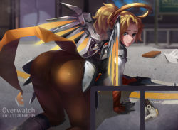 Rule 34 | 1girl, absurdres, all fours, ass, blonde hair, blue eyes, bodysuit, ctrlz77, from behind, halo, high ponytail, highres, lips, long hair, looking at viewer, mechanical halo, mechanical wings, mercy (overwatch), outdoors, overwatch, overwatch 1, pantyhose, ponytail, solo, wings, yellow wings
