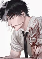 Rule 34 | 1boy, black hair, black necktie, blood, blood on arm, blood on clothes, blood on face, chainsaw man, cigarette, collared shirt, ear piercing, highres, kishibe (chainsaw man), kishibe (young) (chainsaw man), looking to the side, ndsoda, necktie, piercing, shirt, short hair, simple background, sleeves rolled up, smoke, smoking, solo, stitched face, stitches, white shirt