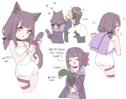 Rule 34 | 1girl, 1other, absurdres, animal, animal ears, anonymous (4chan), arm ribbon, backpack, bag, bird, bloomers, bow, burger, cat ears, cat tail, choker, closed eyes, clueless (meme), collarbone, duck, english text, fake horns, fallenshadow, flat chest, food, hair bow, hair ornament, heart, helmet, highres, holding, holding animal, horned helmet, horns, indie virtual youtuber, kemonomimi mode, leg ribbon, low twintails, lyrinne, medium hair, meme, multiple views, open mouth, pink eyes, purple bow, purple choker, purple hair, purple ribbon, randoseru, ribbon, sketch, smile, tail, tail bow, tail ornament, thigh ribbon, thighs, twintails, underwear, virtual youtuber, white bloomers, x hair ornament