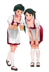 Rule 34 | 1girl, apron, barmaid, beer mug, black eyes, black hair, blouse, breasts, cup, dirndl, frilled shirt, frills, full body, german clothes, green eyes, highres, kantai collection, kneehighs, leaning forward, mary janes, mikuma (kancolle), mogami (kancolle), mug, puffy short sleeves, puffy sleeves, red skirt, shirt, shoes, short hair, short sleeves, simple background, skirt, small breasts, socks, solo, swept bangs, tooku nomura (artist), twintails, waist apron, white background, white shirt, white socks