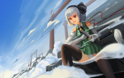 Rule 34 | 1girl, adapted costume, alternate eye color, bad id, bad pixiv id, black thighhighs, blue sky, breasts, bridow, cloud, collared shirt, day, elbow gloves, fighting stance, gloves, green skirt, green vest, hairband, konpaku youmu, looking down, multiple swords, multiple torii, open mouth, panties, pantyshot, red eyes, ribbon, scenery, sheath, sheathed, shirt, silver hair, skirt, sky, sleeveless, solo, stairs, standing, sunlight, thighhighs, thighs, tongue, torii, touhou, underwear, vest, white gloves, wind