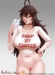 Rule 34 | 1girl, aestheticc-meme, ahoge, artist name, black hair, bottomless, breasts, choker, cleavage, cleft of venus, clothes writing, collarbone, curvy, grey background, heart, heart-shaped pupils, highres, holding, holding phone, huge breasts, long hair, looking at viewer, mature female, navel, phone, pussy, raven branwen, red eyes, rwby, shirt, snap my choker (phrase), solo, stomach, symbol-shaped pupils, thick thighs, thighs, uncensored, white shirt