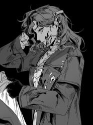 Rule 34 | 1girl, 1other, black background, blood, blood on clothes, blood on face, braces, closed mouth, coat, collared shirt, dress, gloves, greyscale, gyeol 124, highres, long hair, long sleeves, looking at viewer, monochrome, reverse:1999, shirt, shirt grab, solo focus, tooth fairy (reverse:1999)