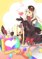 Rule 34 | 1girl, axe, box, doll, elbow gloves, gloves, heart, letter, mayu (vocaloid), musical note, piano print, solo, stuffed animal, stuffed rabbit, stuffed toy, suzumi (fallxalice), usano mimi, vocaloid, weapon, yellow eyes