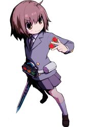 Rule 34 | 1girl, black skirt, brown eyes, brown hair, closed mouth, collared shirt, full body, grey jacket, highres, holding, jacket, kamen rider, kill me baby, kneehighs, loafers, long sleeves, necktie, oribe yasuna, pleated skirt, school uniform, shirt, shoes, short hair, simple background, skirt, socks, solo, weapon, white background, yachima tana
