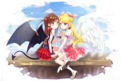 Rule 34 | 2girls, angel and devil, angel wings, bat wings, black shirt, blonde hair, blouse, blue sky, brown hair, chiigo, cloud, day, demon girl, demon tail, earrings, eye contact, face-to-face, feathered wings, gradient background, hair bobbles, hair ornament, hair ribbon, heart, heart earrings, high heels, holding hands, jewelry, long hair, looking at another, mary janes, multiple girls, orange eyes, original, plaid, plaid skirt, purple eyes, ribbon, shirt, shoes, short sleeves, sitting, skirt, sky, sleeveless, smile, socks, swept bangs, tail, wall, white legwear, white shirt, white wings, wings, wrist cuffs, yuri