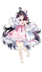Rule 34 | 1girl, :d, absurdres, ahoge, barefoot, black hair, bow, breasts, chemise, copyright request, detached sleeves, flipped hair, full body, hair bow, hair ornament, hair ribbon, hairclip, hand to own mouth, highres, long hair, nightgown, open mouth, purple eyes, ribbon, sheska xue, simple background, sleeves past wrists, small breasts, smile, solo, standing, standing on one leg, very long hair, white background, wide sleeves