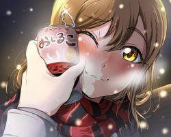 Rule 34 | 10s, 1girl, :3, bad id, bad twitter id, beans, blush, bottle to cheek, breath, brown eyes, brown hair, can, coat, cold, eyelashes, food, hair ornament, hairclip, kunikida hanamaru, love live!, love live! school idol festival, love live! sunshine!!, night, nose blush, one eye closed, scarf, snow, solo focus, soup, vorupi, warming, winter, winter clothes, winter coat