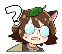 Rule 34 | 1girl, ?, animal ears, blush, brown hair, brown shirt, brown vest, futatsuiwa mamizou, glasses, leaf, leaf on head, looking at viewer, lowres, open mouth, raccoon ears, raccoon girl, shirt, short hair, solo, sweat, tatsu toyoyo, touhou, transparent background, upper body, vest