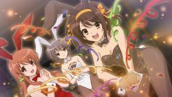 Rule 34 | 10s, 3girls, :d, animal ears, asahina mikuru, bare shoulders, bow, bowtie, breasts, brown eyes, brown hair, cleavage, collarbone, confetti, detached collar, dutch angle, fake animal ears, game cg, grey hair, hair ribbon, hairband, highres, long hair, looking at viewer, multiple girls, nagato yuki, official art, open mouth, own hands together, pantyhose, party popper, playboy bunny, rabbit ears, rabbit tail, ribbon, short hair, smile, streamers, suzumiya haruhi, suzumiya haruhi no shoushitsu, suzumiya haruhi no tsuisou, suzumiya haruhi no yuuutsu, tail, wrist cuffs