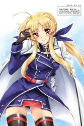 Rule 34 | 1girl, ahoge, arm behind back, belt, black gloves, black panties, black shirt, black thighhighs, blue jacket, blue ribbon, blue skirt, blush, closed mouth, coat, collaboration, commentary request, cowboy shot, dated, fate testarossa, fate testarossa (impulse form), gauntlets, gloves, gluteal fold, hair ribbon, hand in own hair, head tilt, highres, jacket, jacket on shoulders, leaning forward, light blush, long hair, looking at viewer, low-tied long hair, lyrical nanoha, magical girl, mahou shoujo lyrical nanoha strikers, miniskirt, overskirt, panties, pantyshot, pencil skirt, ponytail, print thighhighs, red belt, red eyes, ribbon, san-pon, shirt, sidelocks, single horizontal stripe, skindentation, skirt, smile, snow, solo, standing, thighhighs, twitter username, underwear, very long hair, white coat