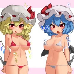 Rule 34 | !?, 2girls, alternate costume, bat wings, bikini, blonde hair, blue hair, blush, breast expansion, breasts, chain, cowboy shot, cuffs, fang, flandre scarlet, groin, halterneck, handcuffs, hat, hat ribbon, highres, large breasts, looking at viewer, mob cap, multiple girls, navel, open mouth, ponytail, red bikini, red eyes, remilia scarlet, ribbon, short hair, side ponytail, simple background, sound effects, standing, strap gap, swimsuit, touhou, white bikini, wings, zakozako y