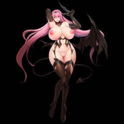Rule 34 | 1girl, armpits, arms up, black background, blue eyes, blush, breasts, breasts apart, circlet, clitoris, curvy, demon girl, demon tail, demon wings, detached collar, female focus, floating hair, full body, functionally nude, garter straps, groin, hair between eyes, huge breasts, knees together feet apart, last origin, legs, long hair, looking at viewer, mole, mole under mouth, navel, nipples, open mouth, pink hair, pubic tattoo, pussy, scar, serapias alice, smile, snowball22, solo, standing, sweat, tachi-e, tail, tattoo, thick thighs, thighhighs, thighs, third-party edit, torn clothes, torn thighhighs, uncensored, wide hips, wings