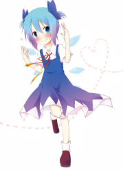 Rule 34 | 1girl, absurdres, alternate hairstyle, blue eyes, blue hair, blush, bow, cirno, hair bow, heart, heart of string, highres, hinata ichi, ice, ice wings, matching hair/eyes, short twintails, solo, touhou, twintails, wings